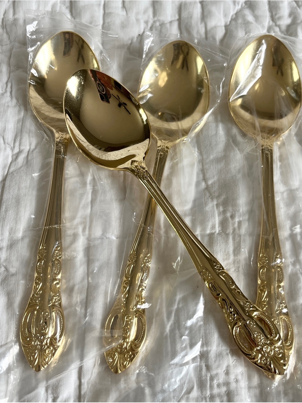 x4 New HF Ltd Gold Plated Stainless Steel Soup Spoons Pierced Rose Hanford Forge